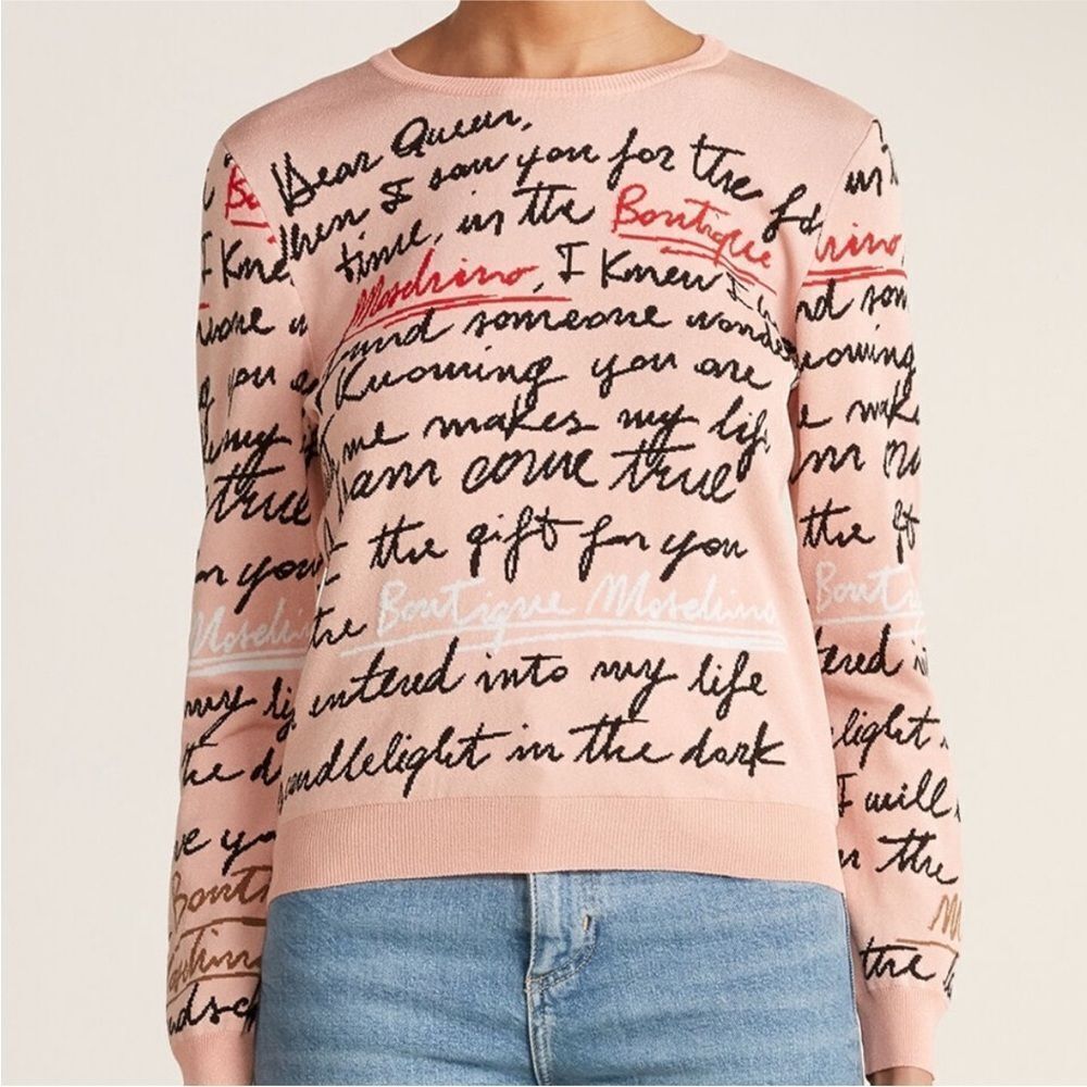 MOSCHINO | Blush Pink Cursive Script All Over Print Sweater Women’s Size US 6